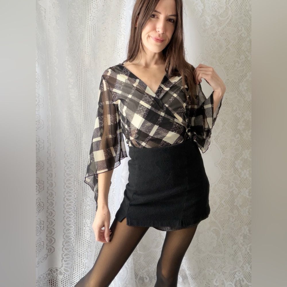 Y2K Sheer Plaid Wrap Top Bell Sleeve Tie Front 2000s - Picture 4 of 16